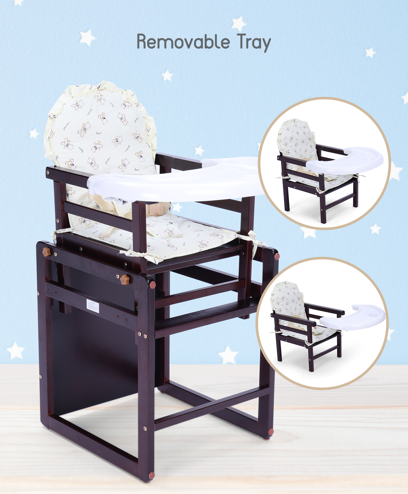 Babyhug Verona 2 In 1 Wooden High Chair With Removable Cushioned Seat 2 Point Safety Harness Dark Brown Online In India Buy At Best Price From