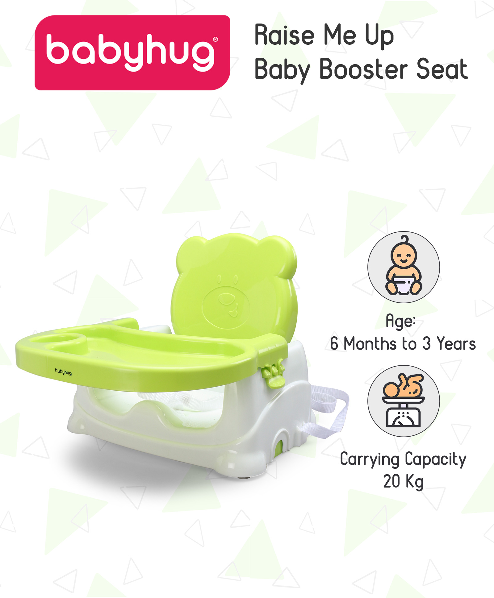 Babyhug Raise Me Up Baby Booster Seat With Adjustable Food Tray 3 Point Safety Harness Green White Online In India Buy At Best Price From