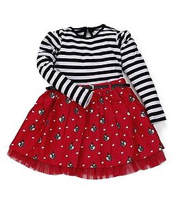 Young Birds Heart Print Stripe Knit & Woven Dress - Red