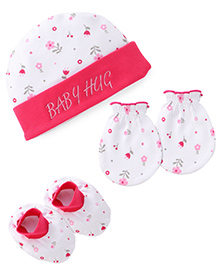 Babyhug 100% Cotton Interlock Knit Cap Mittens & Booties Set with Heart Print - White & Pink main image 1