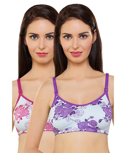 Inner Sense Organic Antimicrobial Nursing Bra Pack Of 2 Floral Print - Pink Purple