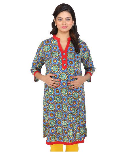 MomToBe Three Fourth Sleeves Maternity Kurti Flower Print - Red & Blue