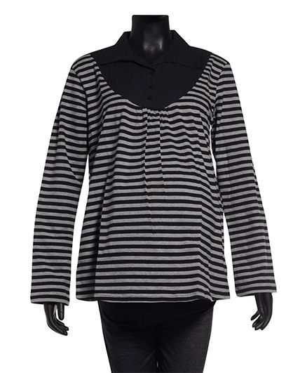 Uzazi Maternity Long Sleeves Striped Collar Top - Black & Grey