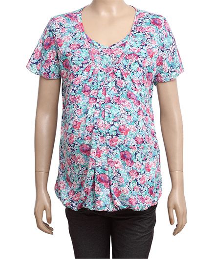 Uzazi Half Sleeves Maternity Top Floral Print - Pink And Blue