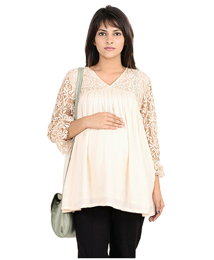 9teenAGAIN Lace Yoke & Sleeve Flared Maternity Blouse - White