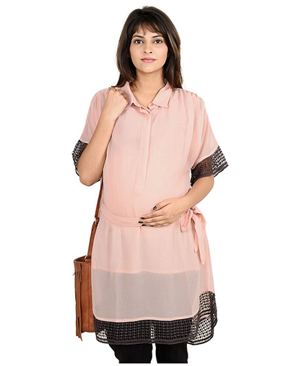 9teenAGAIN Half Sleeves Maternity Tunic Lace Detailing - Peach