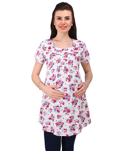 MomToBe Short Sleeves Maternity Tunic Top Floral Print - White Pink