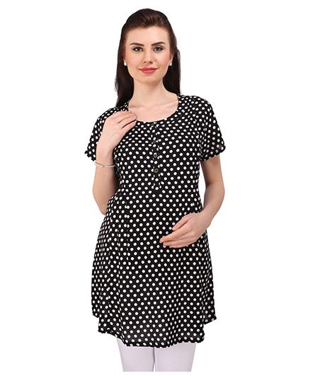 MomToBe Short Sleeves Dotted Maternity Tunic Top - Black White