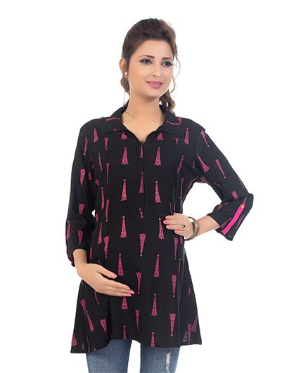 Kriti Three Fourth Sleeves Maternity Nursing Tunic Top - Black