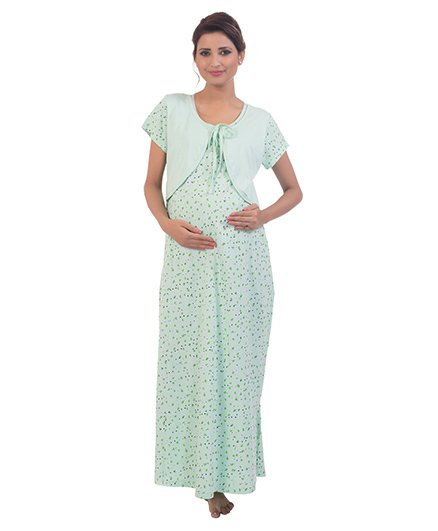 Kriti Short Sleeves Maternity Nursing Nighty Printed - Green