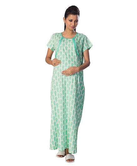 Kriti Half Sleeves Maternity Nighty Dots Print - Green
