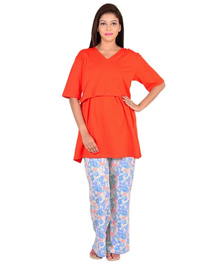 9teenAGAIN Half Sleeves Maternity Nursing Top And Pajama - Orange Blue - 1518331