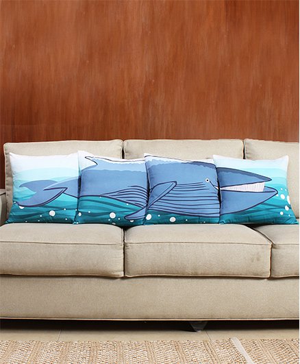 HouseThis The Puzzled Whale Pure Cotton Set Of 4 Cushion Covers - Blue