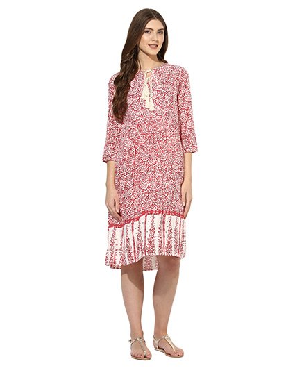 Mine4nine Three Fourth Sleeves Maternity Dress Floral Print - Red