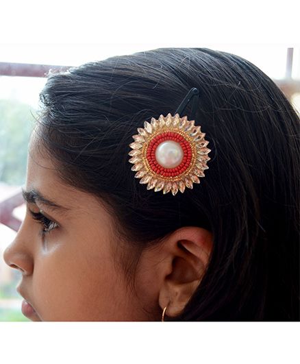 Pretty Ponytails Ethnic Beads Pearl Zardozi Flower Hair Clip Red - Red And Gold