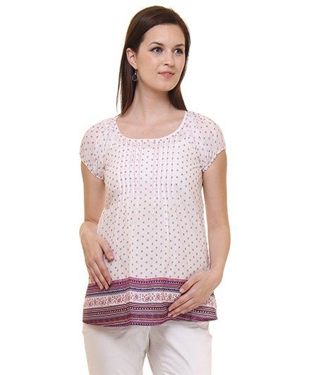 Preggear Short Sleeves Pleated Maternity Top With Contrast Lace Border - White