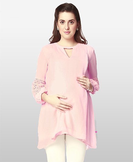 Nine Three Fourth Sleeves Maternity Tunic Lace Detailing - Pink