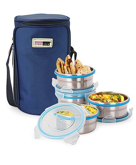 Steel Lock Food Storage Containers Set Of 4 With Insulated Bag - Silver Blue