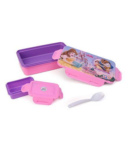 Disney Beauty & The Beast Lunch Box With Clip Lock & 2 In 1 Fork Spoon - Purple Pink