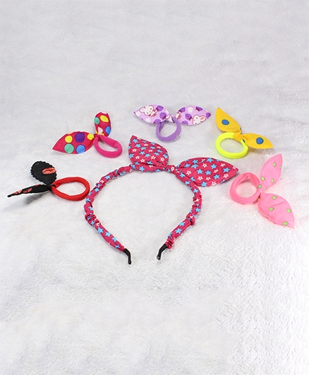 Pihoo Hair Band & Rubber Band Combo - Multicolor & Dark Pink