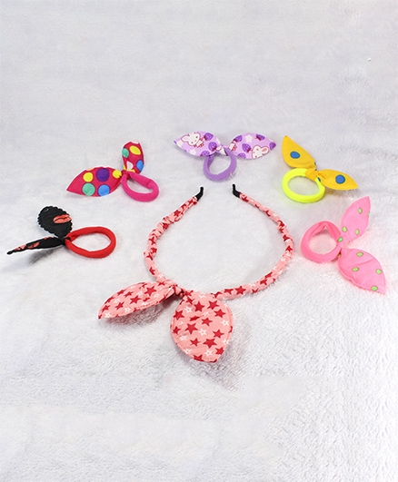 Pihoo Hair Band & Rubber Band Combo Set- Multicolor & Pink