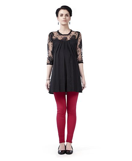 Innovative Lace Yoke & Sleeve Maternity Tunic Top - Black