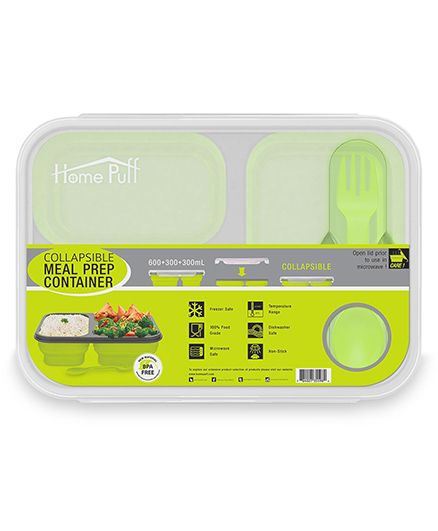 Home Puff Collapsible Dry Snacks Container, 3 Compartment, Bento Bpa Free-Silicon, Microwave/ Dishwasher Safe (1200 Ml)