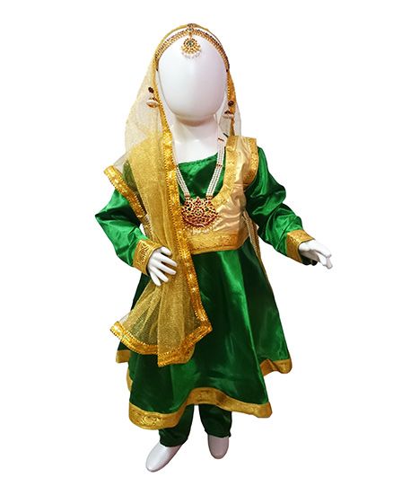BookMyCostume Kathak Indian Classical Dance Costume with Heavy Jewellery Set - Green & Golden
