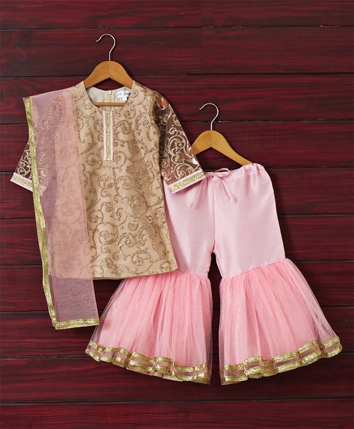 Saka Designs Full Sleeves Kurta & Divider Lehenga Ethnic Set Glitter Spiral Embroidered - Gold Pink