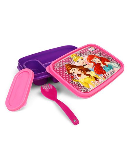 Disney Princess Lunch Box With 2 In 1 Fork Spoon - Pink Purple