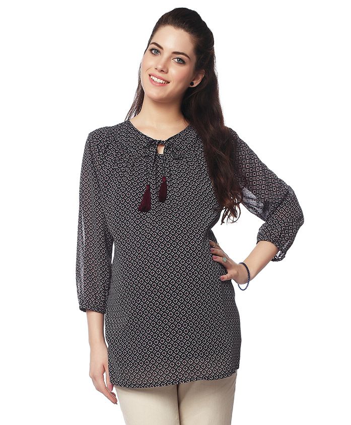 Nine Three Fourth Sleeves Maternity Blouse Geometric Print - Black & Cream