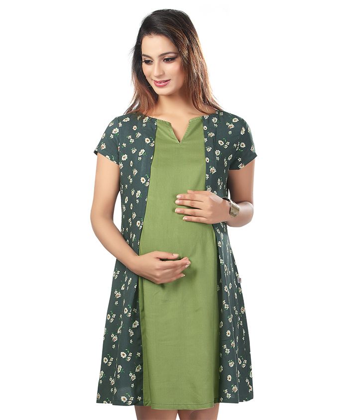 Kriti Short Sleeves Maternity Dress Floral Print - Green Grey