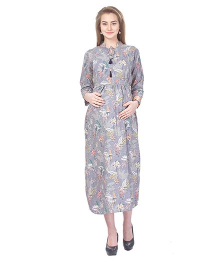 MomToBe Three Fourth Sleeves Maternity Dress Floral Print - Grey