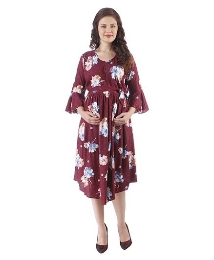 MomToBe Three Fourth Sleeves Maternity Dress - Maroon