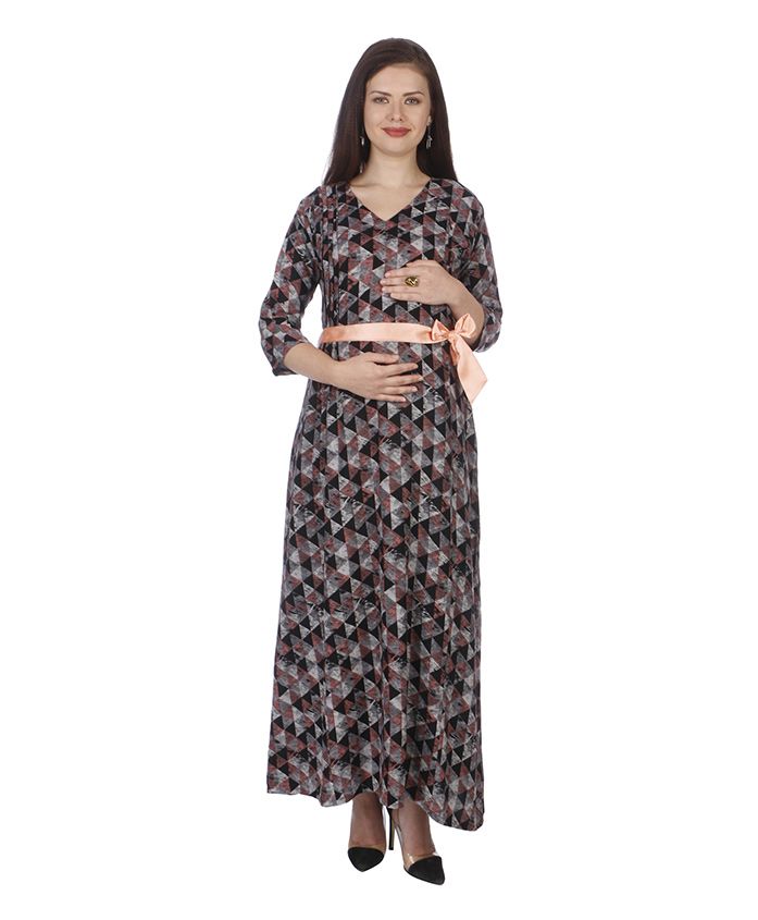 MomToBe Three Fourth Sleeves Maternity Dress Geometric Print - Black