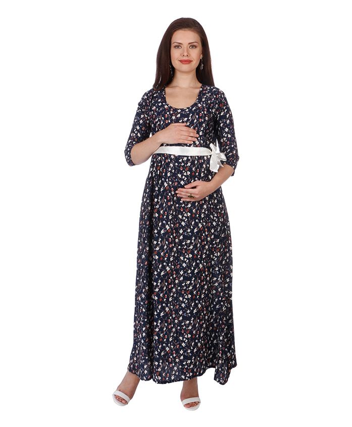 MomToBe Three Fourth Sleeves Maternity Dress - Oxford Blue & White
