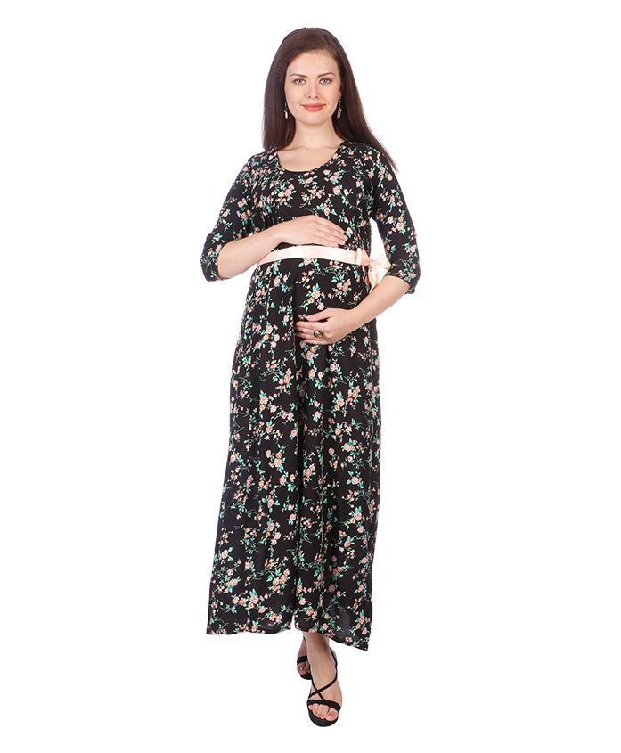 MomToBe Three Fourth Sleeves Maternity Dress - Black & Peach