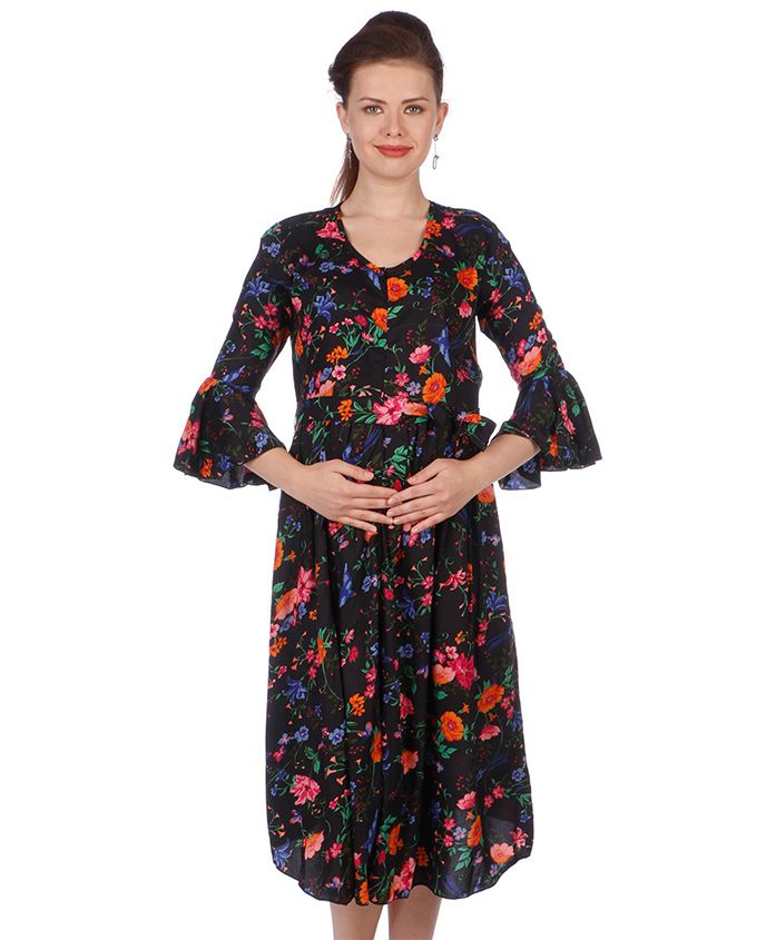 MomToBe Three Fourth Sleeves Maternity Dress Allover Print - Black