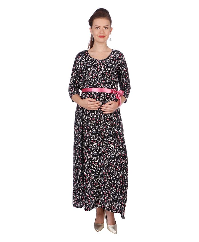 MomToBe Printed Three Fourth Sleeves Maternity Dress - Black