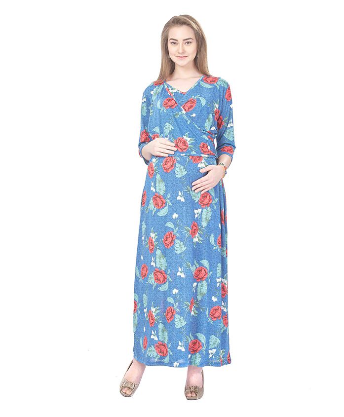 MomToBe Three Fourth Sleeves Maternity Dress Rose Flower Print - Blue