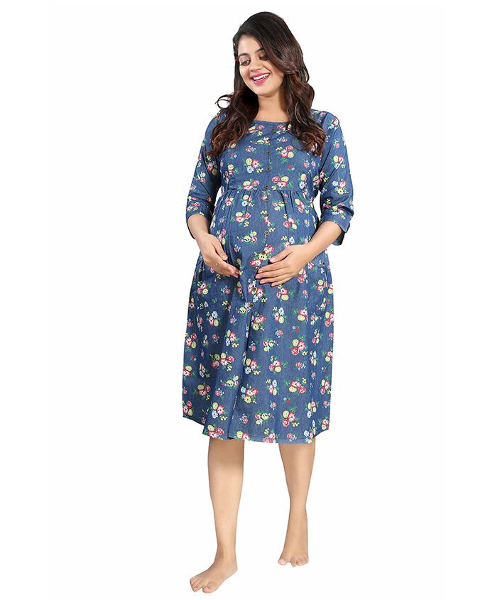 Mamma's Maternity Three Fourth Sleeves Maternity Dress Floral Print - Dark Blue