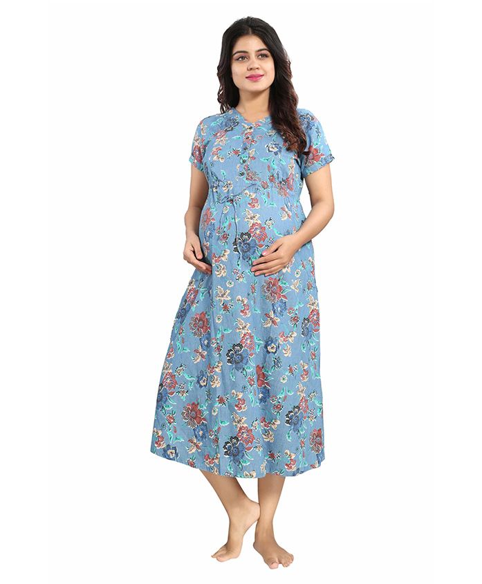 Mamma's Maternity Short Sleeves Denim Dress Floral Print - Light Blue - 2217769