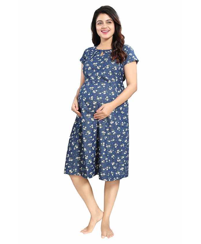 Mamma's Maternity Short Sleeves Denim Dress Floral Print - Dark Blue - 2217777
