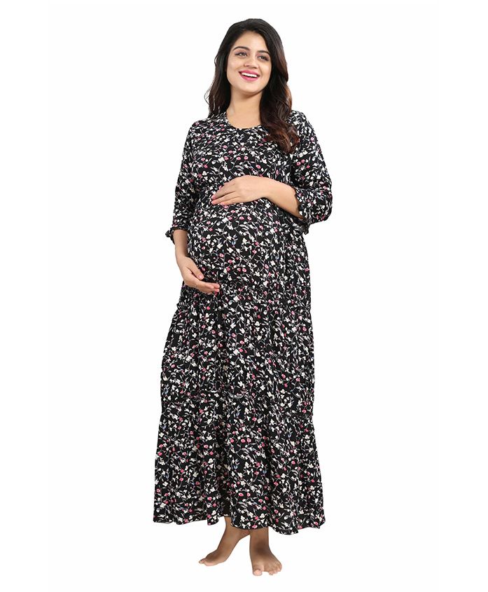 Mamma's Maternity Three Fourth Sleeves Rayon Dress Floral Print - Black