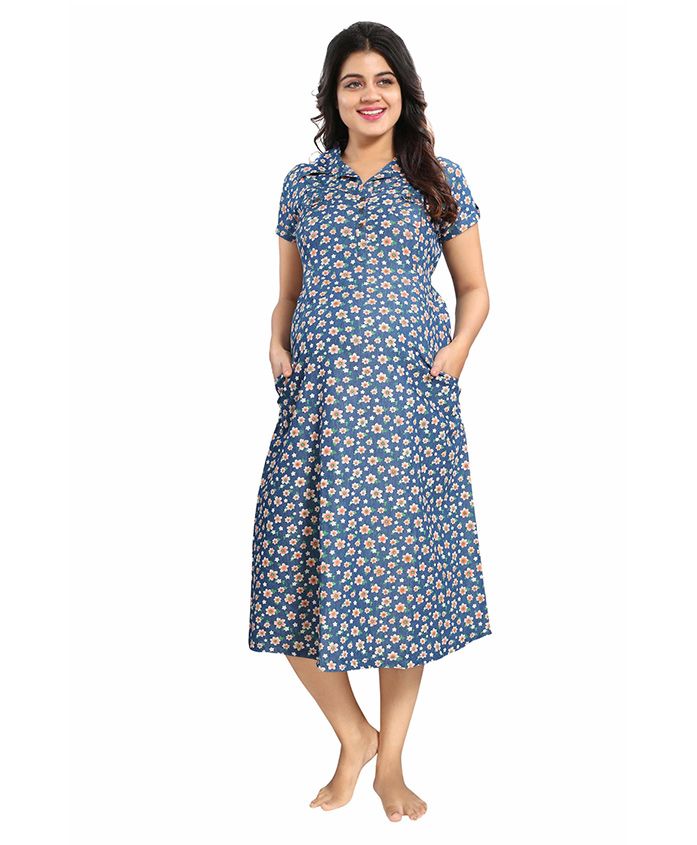 Mamma's Maternity Short Sleeves Denim Dress Floral Print - Blue Peach