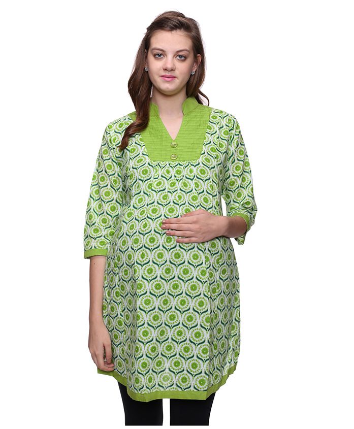 Mamma's Maternity Three Fourth Sleeves Nursing Kurti Floral Print - White Green