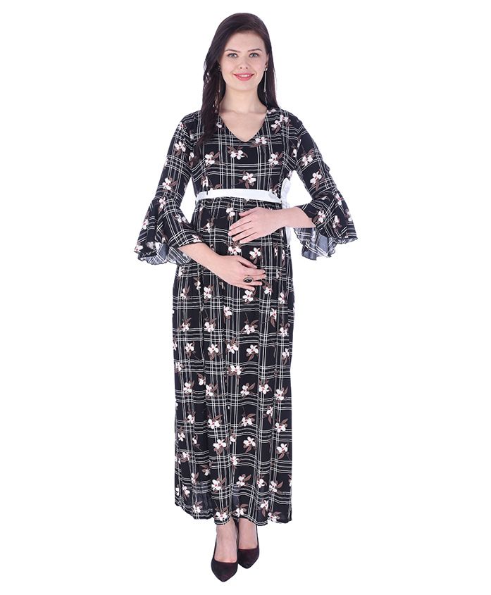 MomToBe Three Fourth Sleeves Checked Dress Flower Print - Black