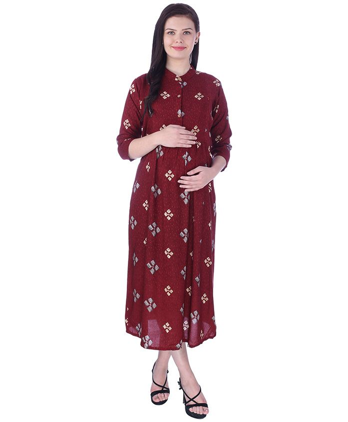 MomToBe Three Fourth Sleeves Maternity Nursing Dress - Red