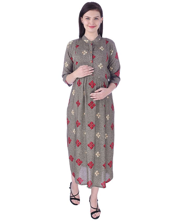MomToBe Three Fourth Sleeves Maternity Nursing Dress - Grey
