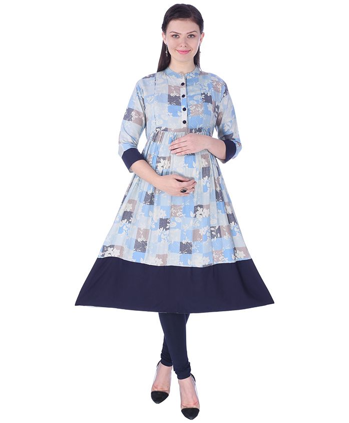 MomToBe Three Fourth Sleeves Maternity Kurti Floral Print - Denim Blue